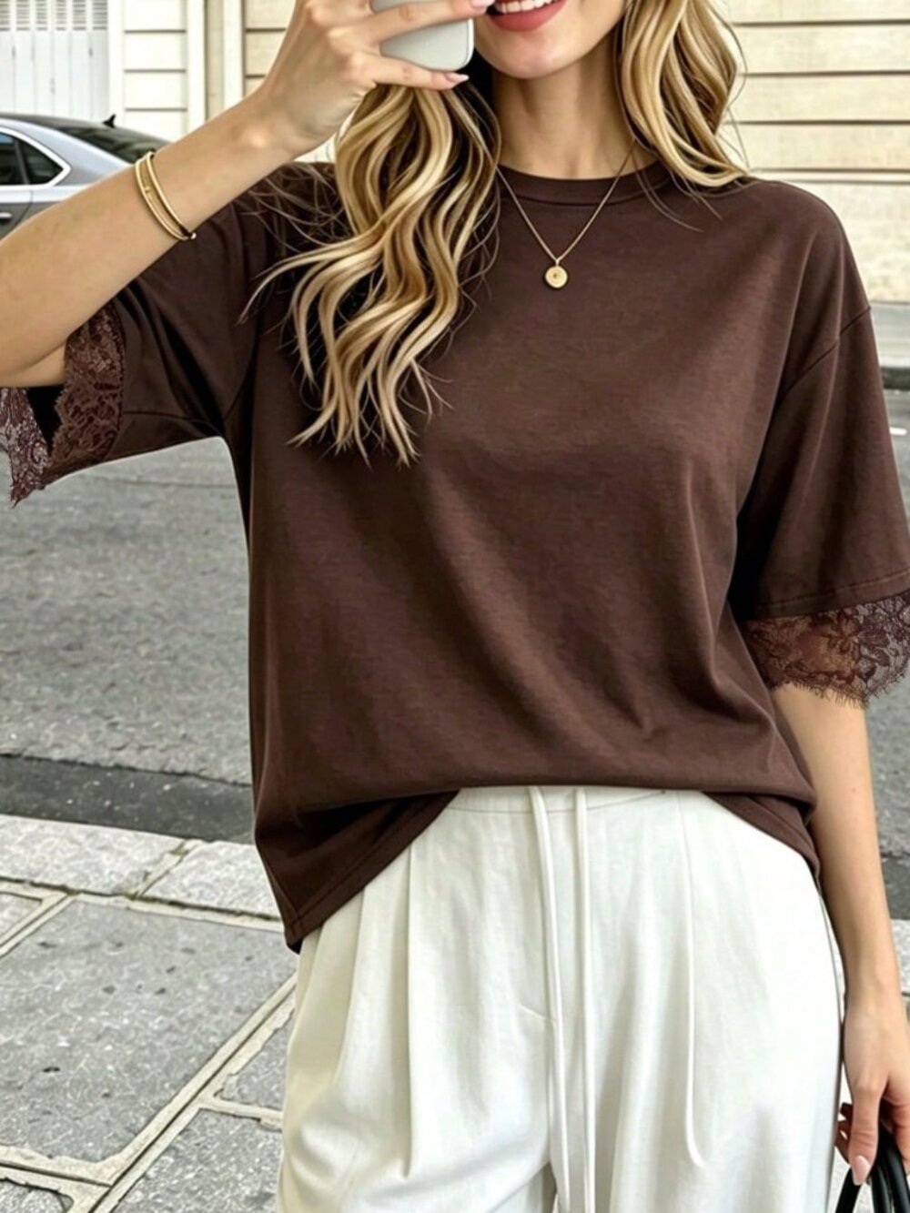 Brown Casual Women's Lace Patchwork Hollow Back Short Sleeve Top